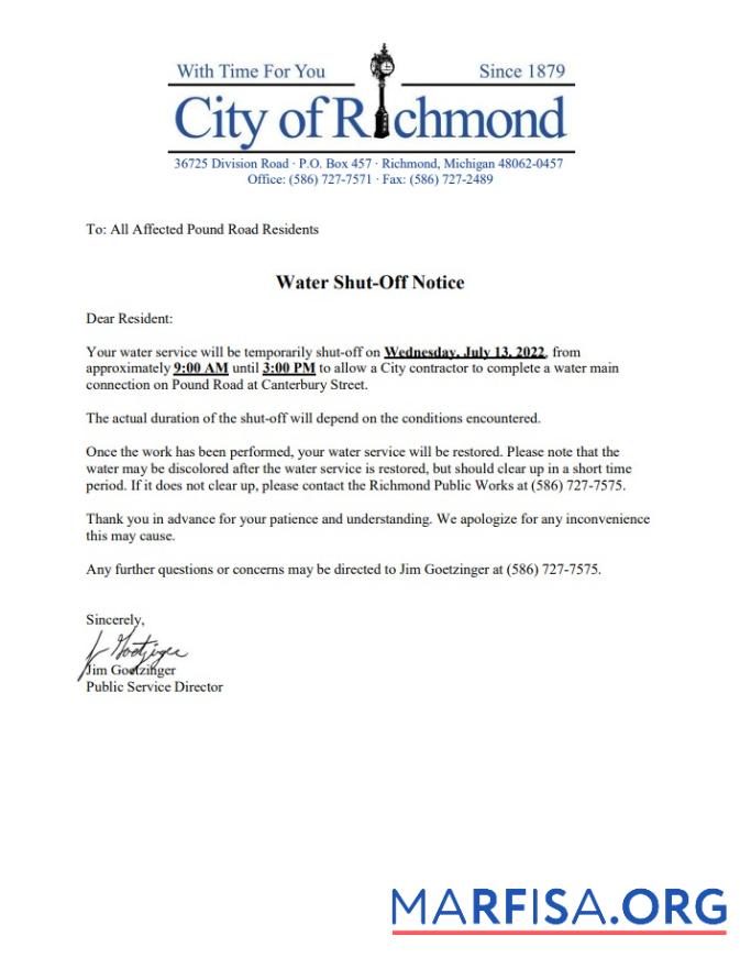 Realistic USA Michigan City of Richmond water utility bill shutoff notice, Word and PDF template